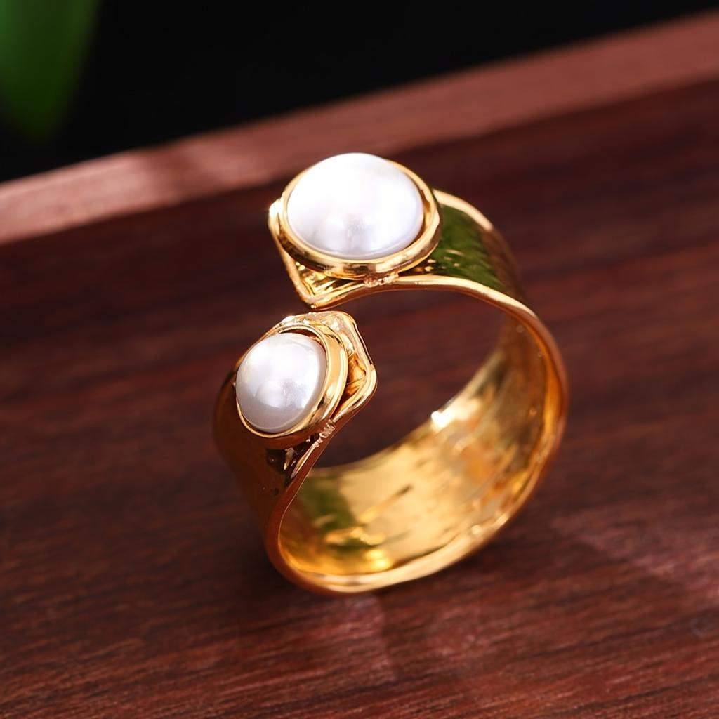 Chic fransk-inspirert åpen ring i rustfritt stål med fuskperle - Vanntett, perfekt for hverdags- og feriebruk