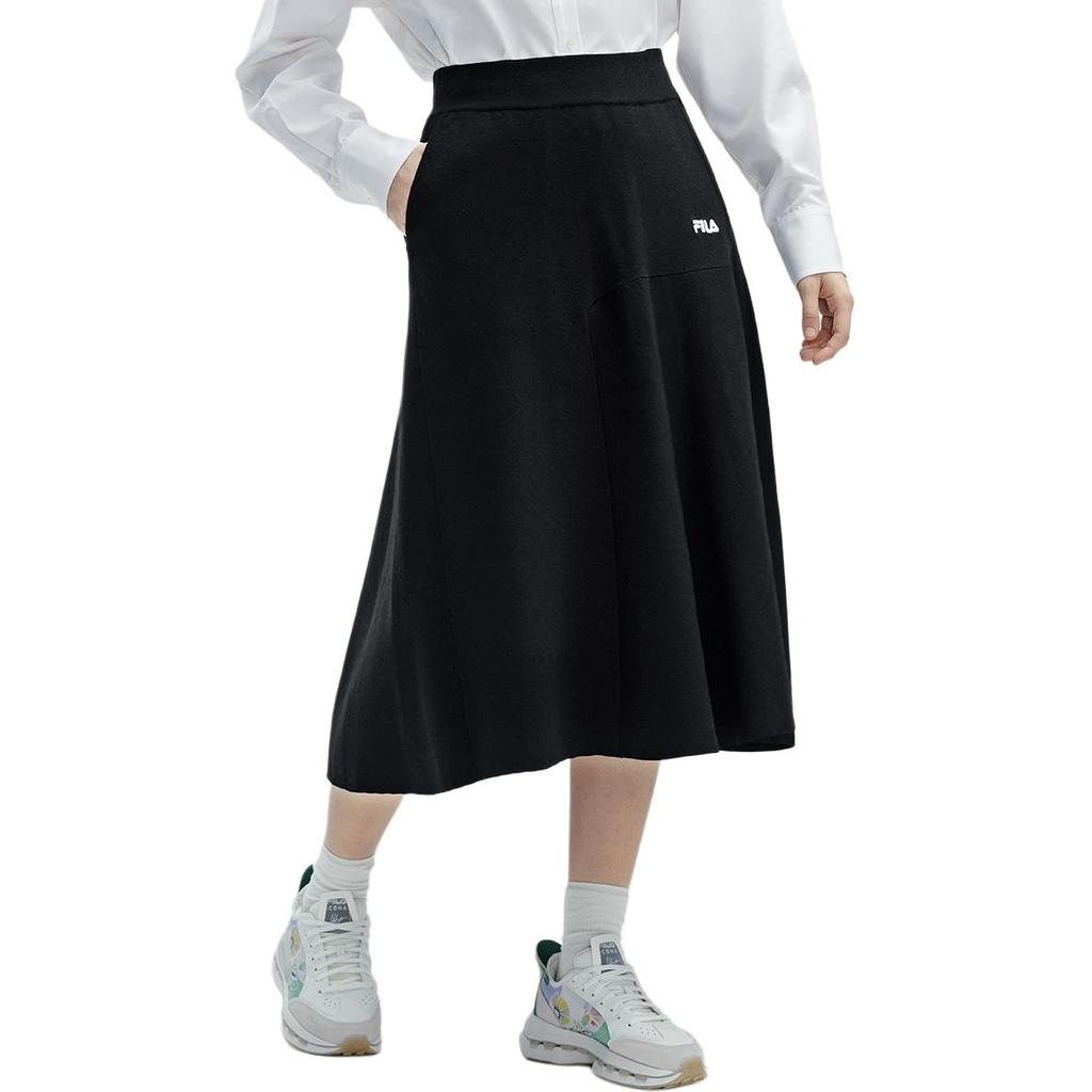Fila Solid Color Mid-Length Knitted Casual Dress Women Dresses Black F11W418307F-BK