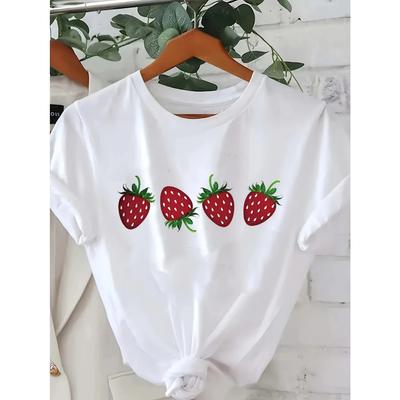 Fashionable Letter Cartoon Print WomenS Round Neck T-Shirt