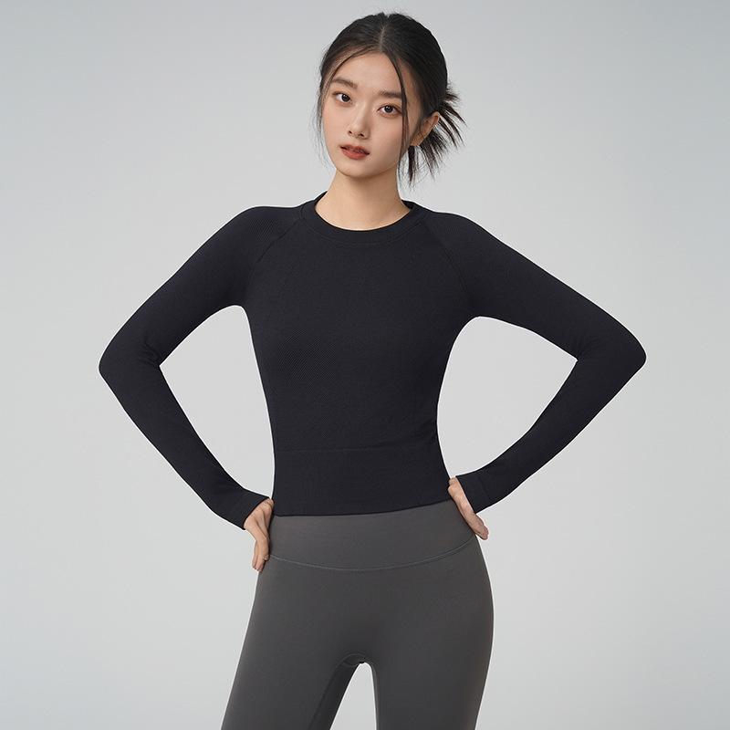 Women's Seamless Slimming Round Neck Long Sleeve Yoga Top - Breathable, Waist-Cinching Fitness Wear for Autumn and Winter
