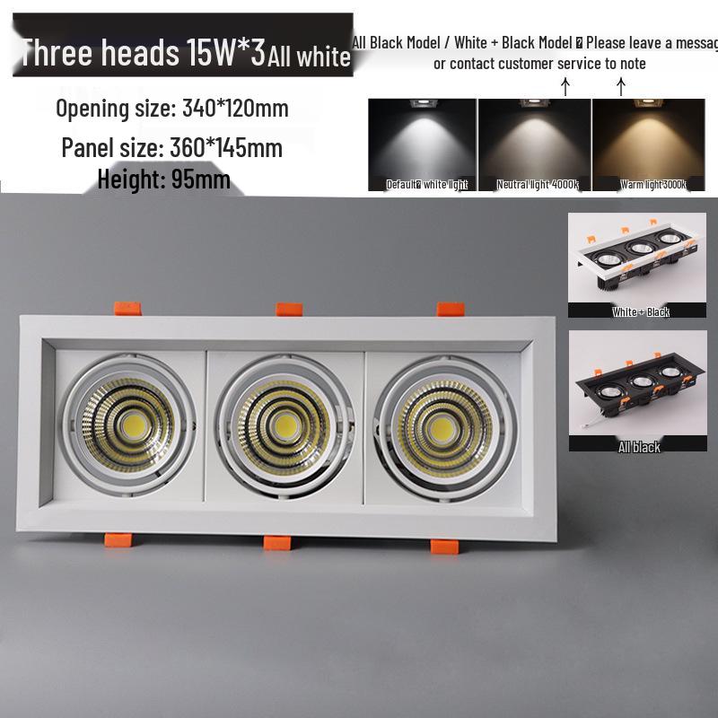 LED Double Head Spotlight: Embedded Grille, Single or Triple Head, Square Cylinder Design - Ideal for Living Room or Commercial Spaces.