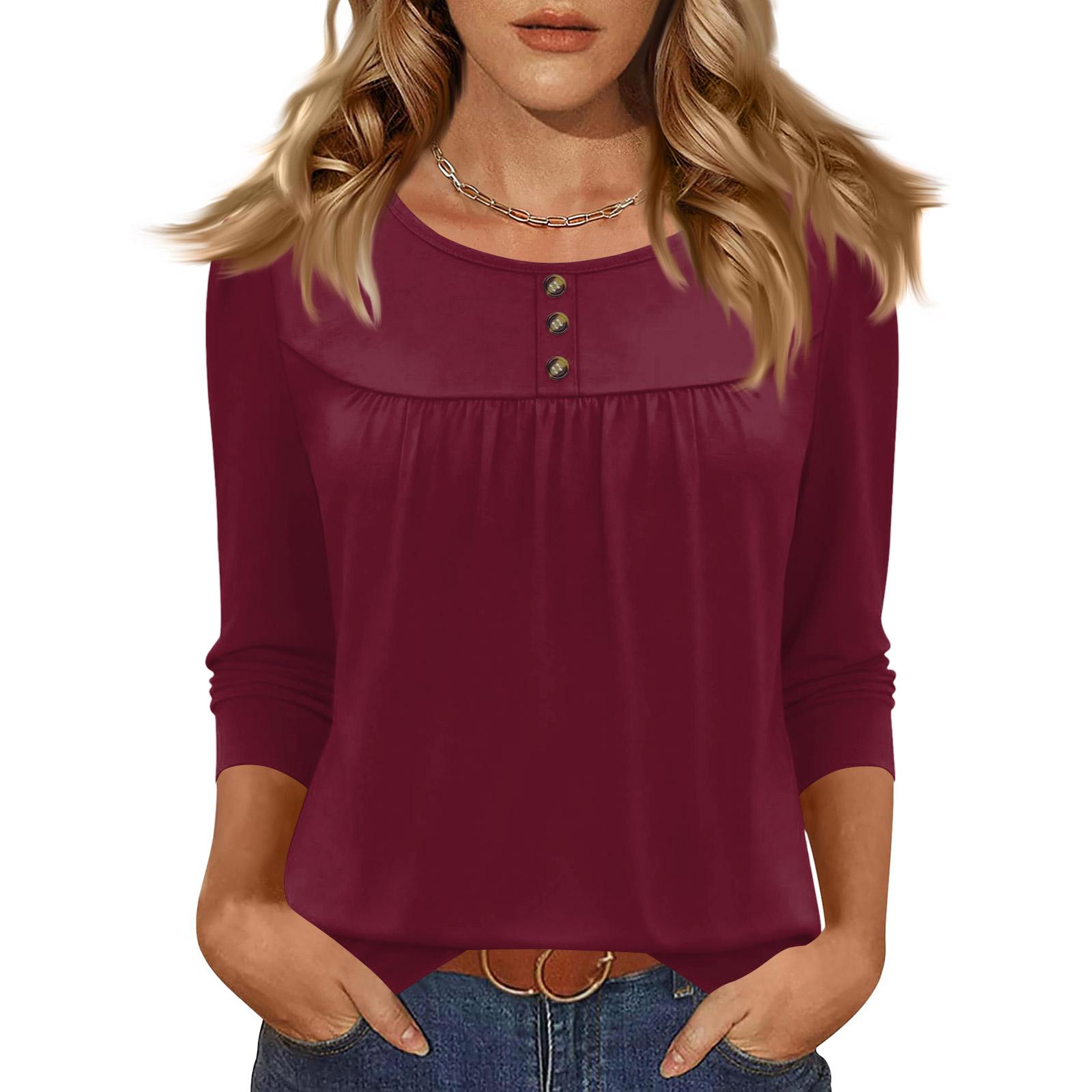 

Women s Casual Loose Color Roud Neck T,shirt L винний