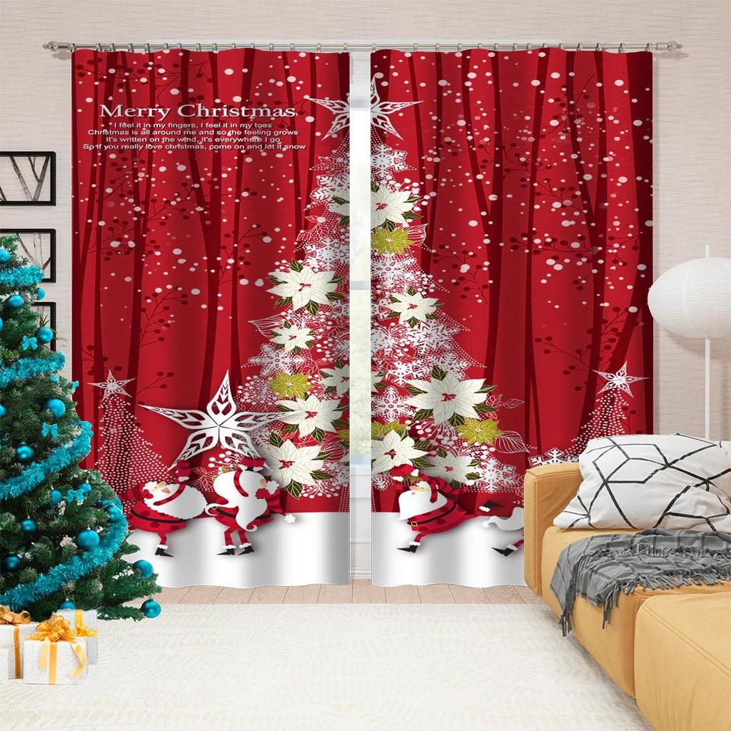 Cartoon Christmas Happy New Year Star Red Ball Window Curtains Blinds for Living Room Bedroom Kitchen Door Home Decor 2 Panels
