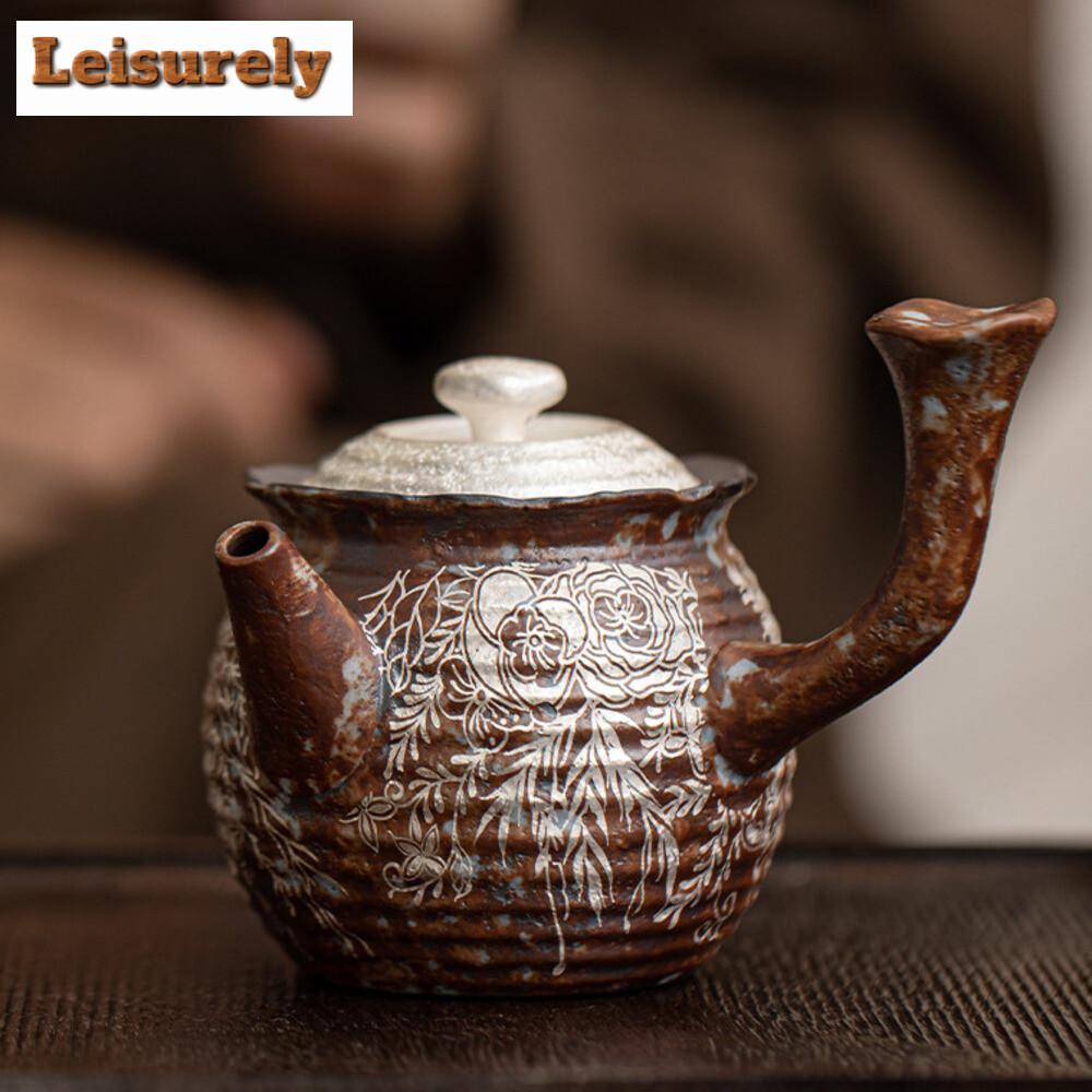 180ml Retro Alter Fels Schlamm Blume Teekanne Vergoldeter Silber Seitengriff Kanne Grobkeramik Aufgüsse Teekessel Kung Fu Tee-Set Handwerk