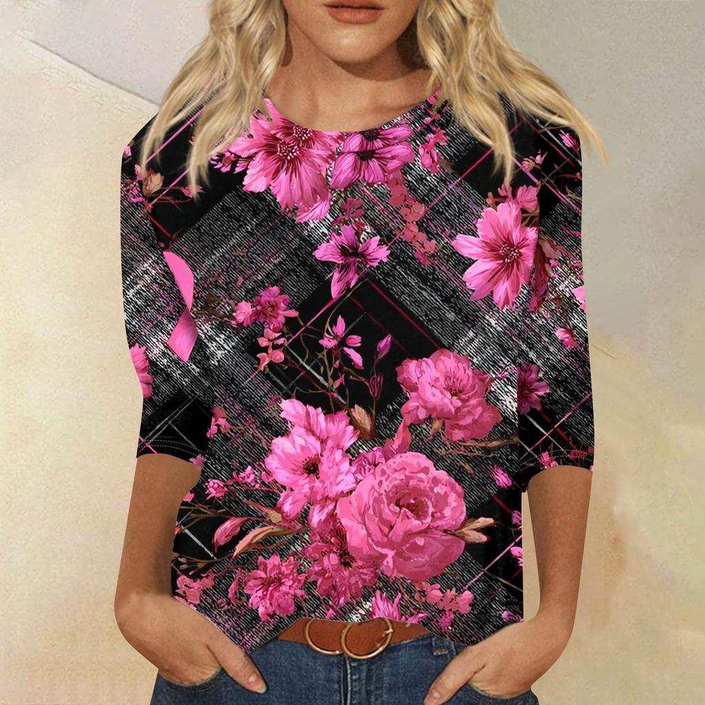 Women's Fashion Casual Seven Split Sleeve Printed Loose Round Neck Top