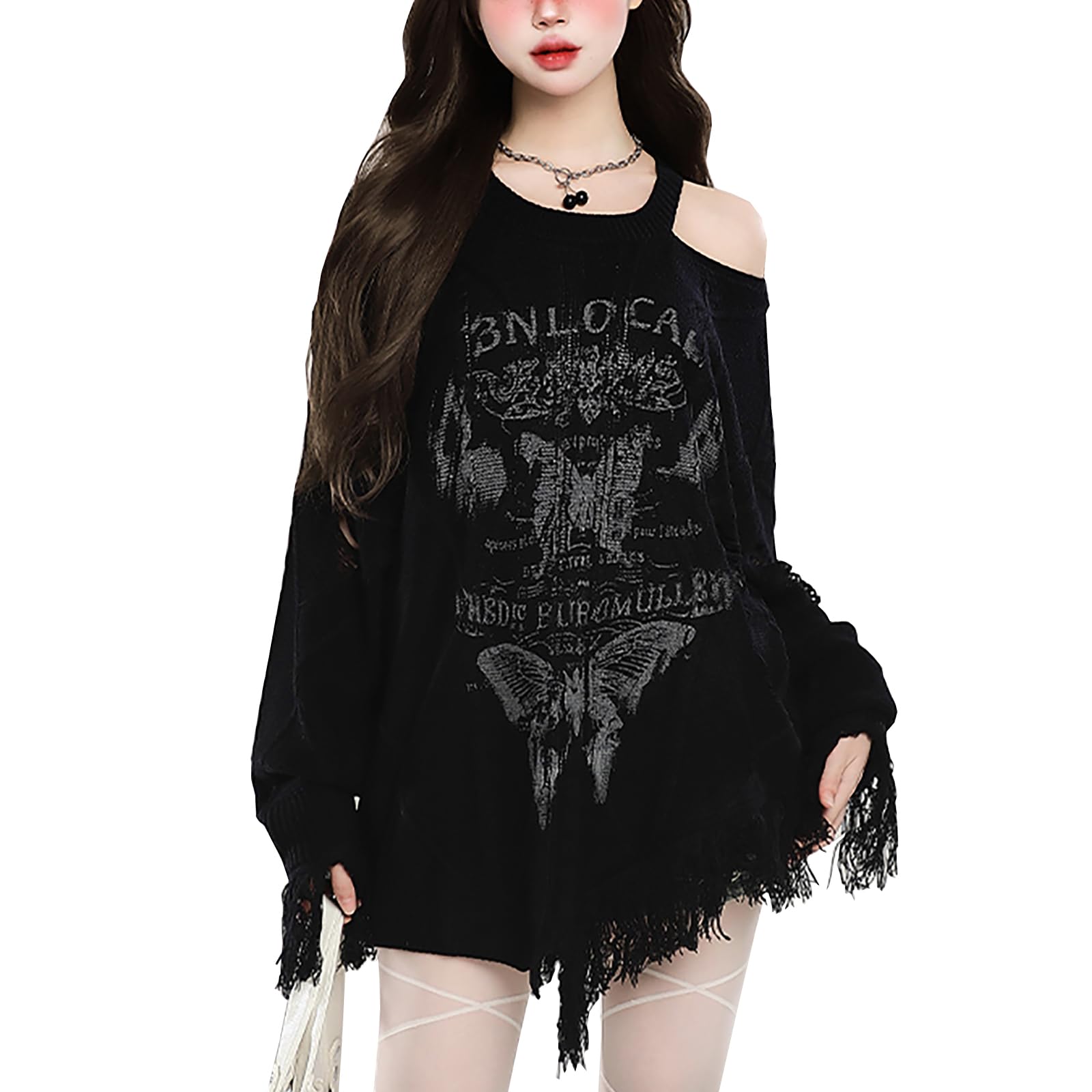 

YEMOCILE Вязаный Длинный Готический Свитер с Бабочкой Харадзюку Корейский Болезненный Свободный Зимний Женский Свитер, Рукава, С открытыми плечами, Ажурный, Лолита, Принт,