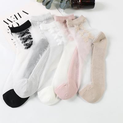 5 Paar Modische Transparente Socken Schleife Floral Transparente Seidensocken Kristallseidensocken für Damen