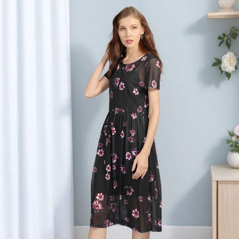 

Slim-Fit Mesh Lining Stretch Cotton Dress Short Sleeve Black 3XL