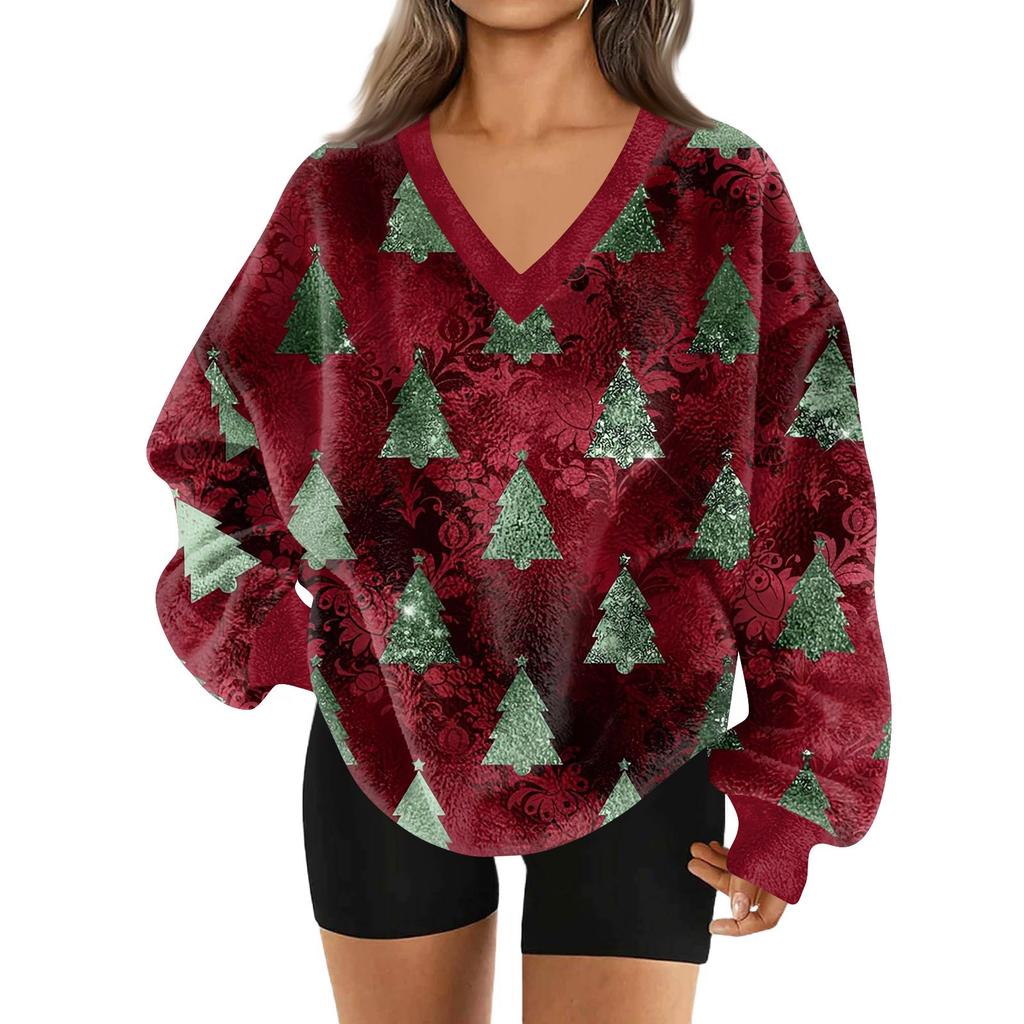 Women's Fashionable V-neck Christmas Printed Long Sleeved Casual Pullover Plush Warm Pocket Sweatshirt Top