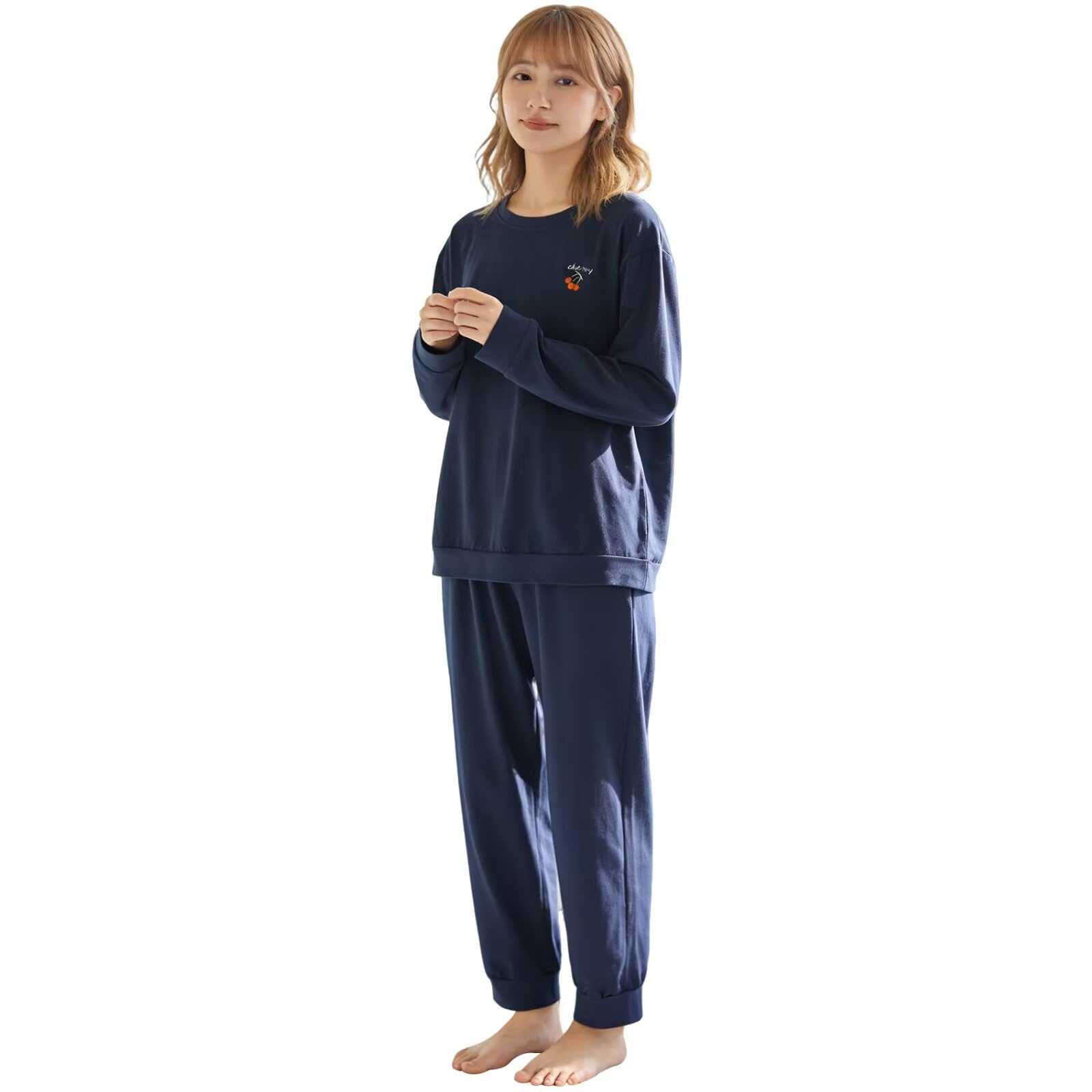 

HEWEAYTA Women s Long Sleeve Pajamas for Spring, Summer, and Fall - Lightweight, Crew Neck, Strawberry and Cherry Print Top and Bottom Set, Breathable