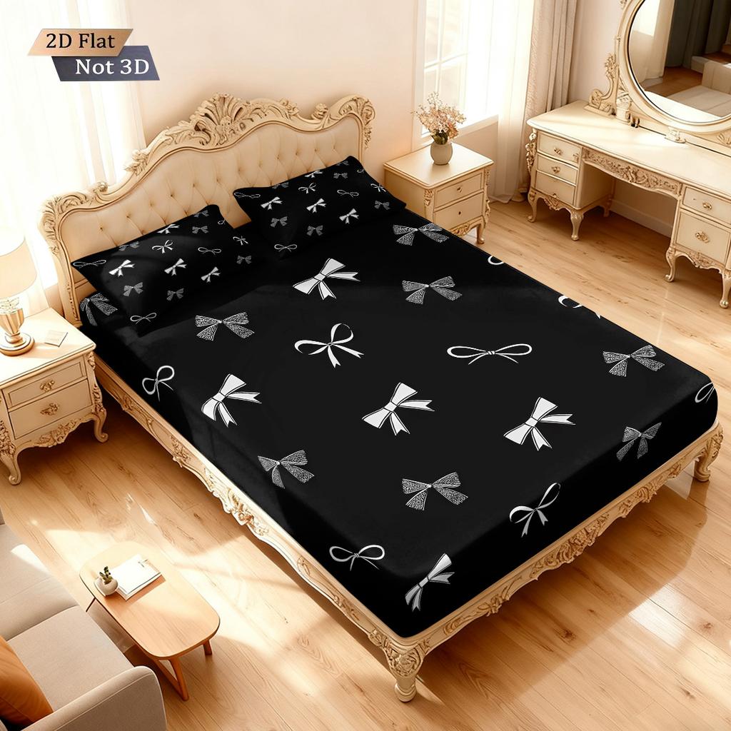 3Pcs Beautiful Bow Black Printed Coreless Bed Sheet Set Multi Size Bed Cover Bedroom Bedding Decoration Machine Washable