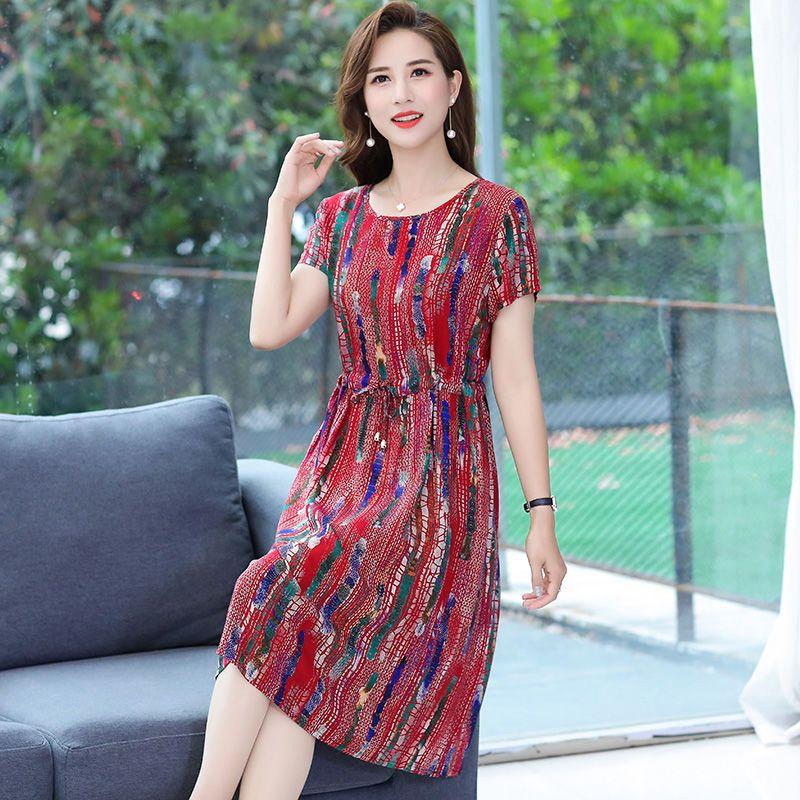Middle Aged and Elderly Women's Dress Summer Dress Knee Length Short Sleeved Round Neck with Oversized Cotton Silk Long Skirt