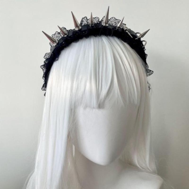 Vintge Punk Spike Lace Headband for Women Cosplay Accessory PU Leather Rivet Headwear Subculture Y2K Headdress Hair Accessories