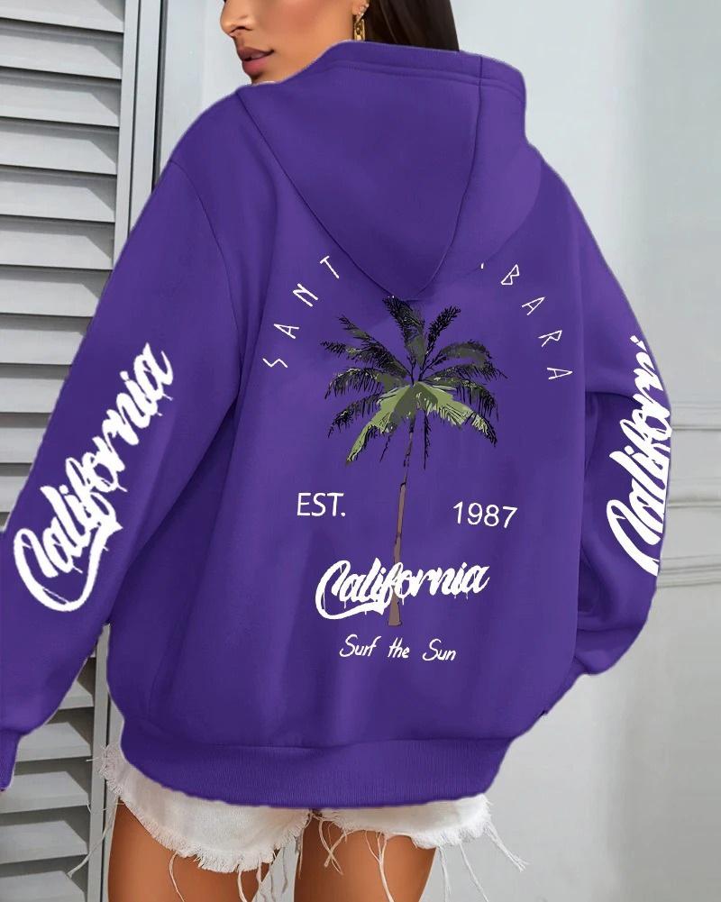 Women's Coconut Tree Print Casual Fleece Hoodie with Pockets