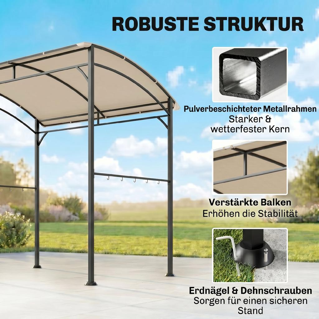 2.2 X 1.5 M BBQ Grill Gazebo Tent, Garden Grill with Metal Frame, Curved Canopy and 10 Hooks, Outdoor Sun Shade, Beige