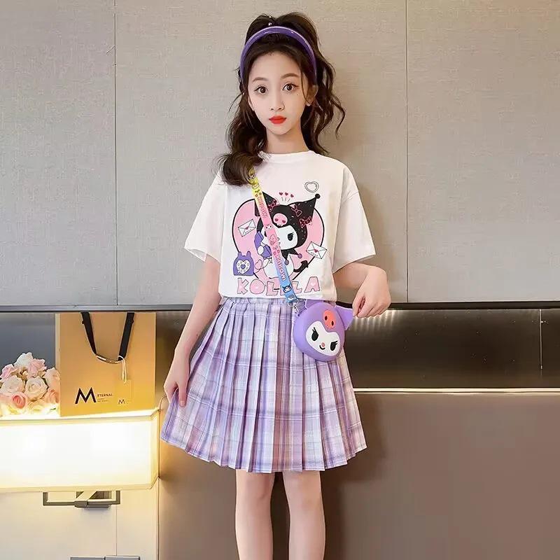 Girls' Summer Preppy Short Sleeve Top & Pleated Skirt Set