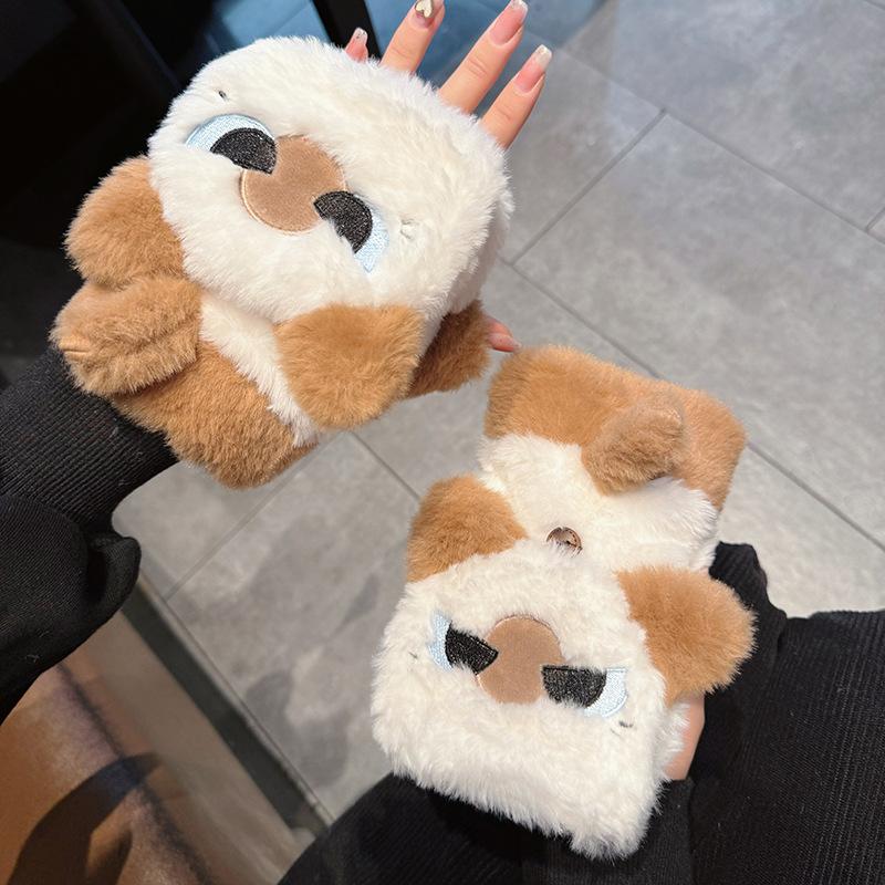 Cute Siamese cat flip half finger plush gloves women s season thickened to keep warm students writing cold