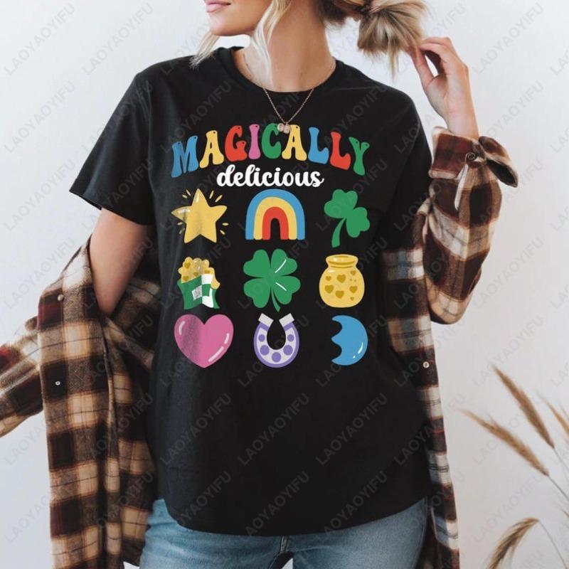 Magically Delicious St Patricks Day Unisex Cotton Tshirts Fun Cute Clover Star Printed Women Tee Irish Festivals Ropa Mujer