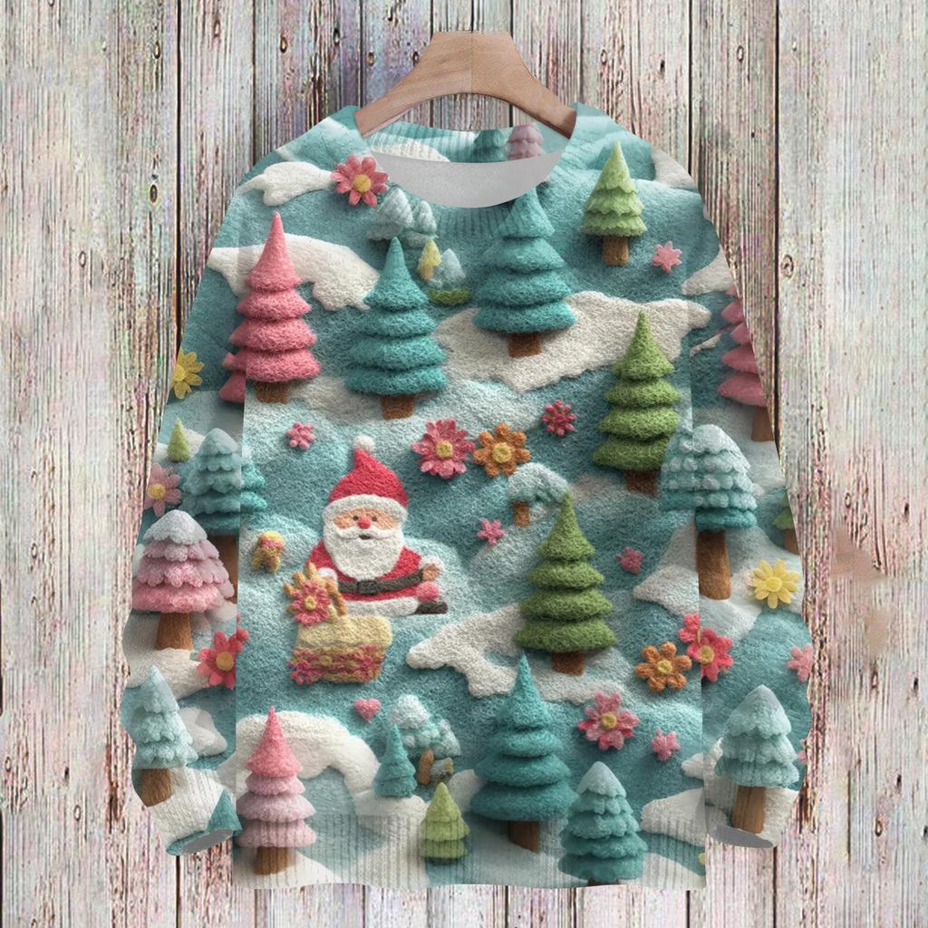 Ladies' Fashionable And Casual Christmas Cute Printed Round Neck Long Sleeved Knitted Yarn