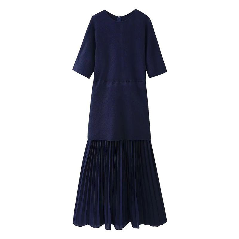 Spring and Summer New Women's Clothing French Simplicity Short Sleeve round Neck Knitting Small Pleated Patchwork Dress 4192001