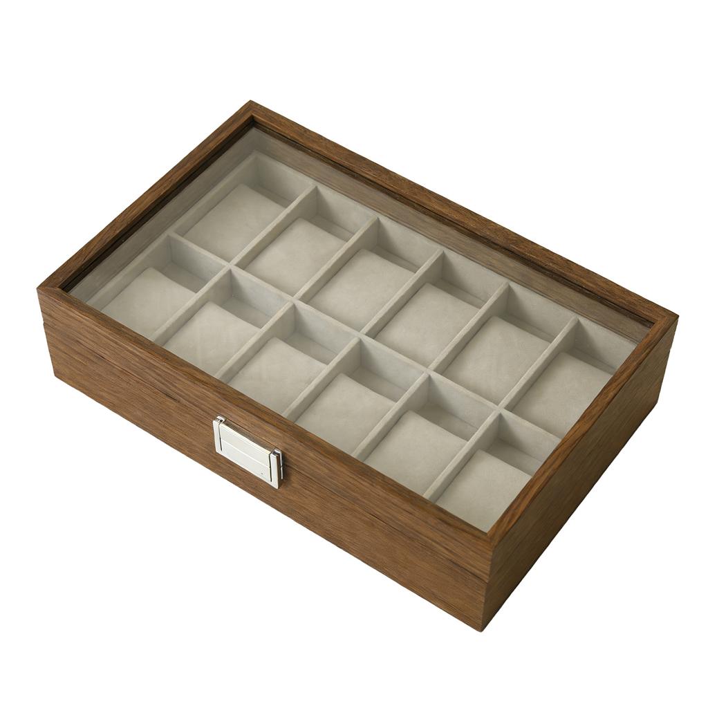Watch Box Display Case with Glass Lid Dust Proof Watch Holder Organizer for Most Styles Walnut Grain 12 Slot