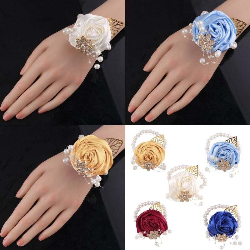 Satined Rose Pearls Design Wrist Corsage Wedding Wrist Flower Bride Wrist Accessory for Formal Occasion and Ceremonies