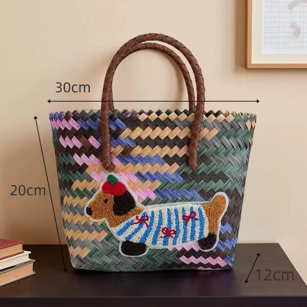 Dackel Welpe Gewebte Handtasche mit Bambusgriff Vintage Strandtasche