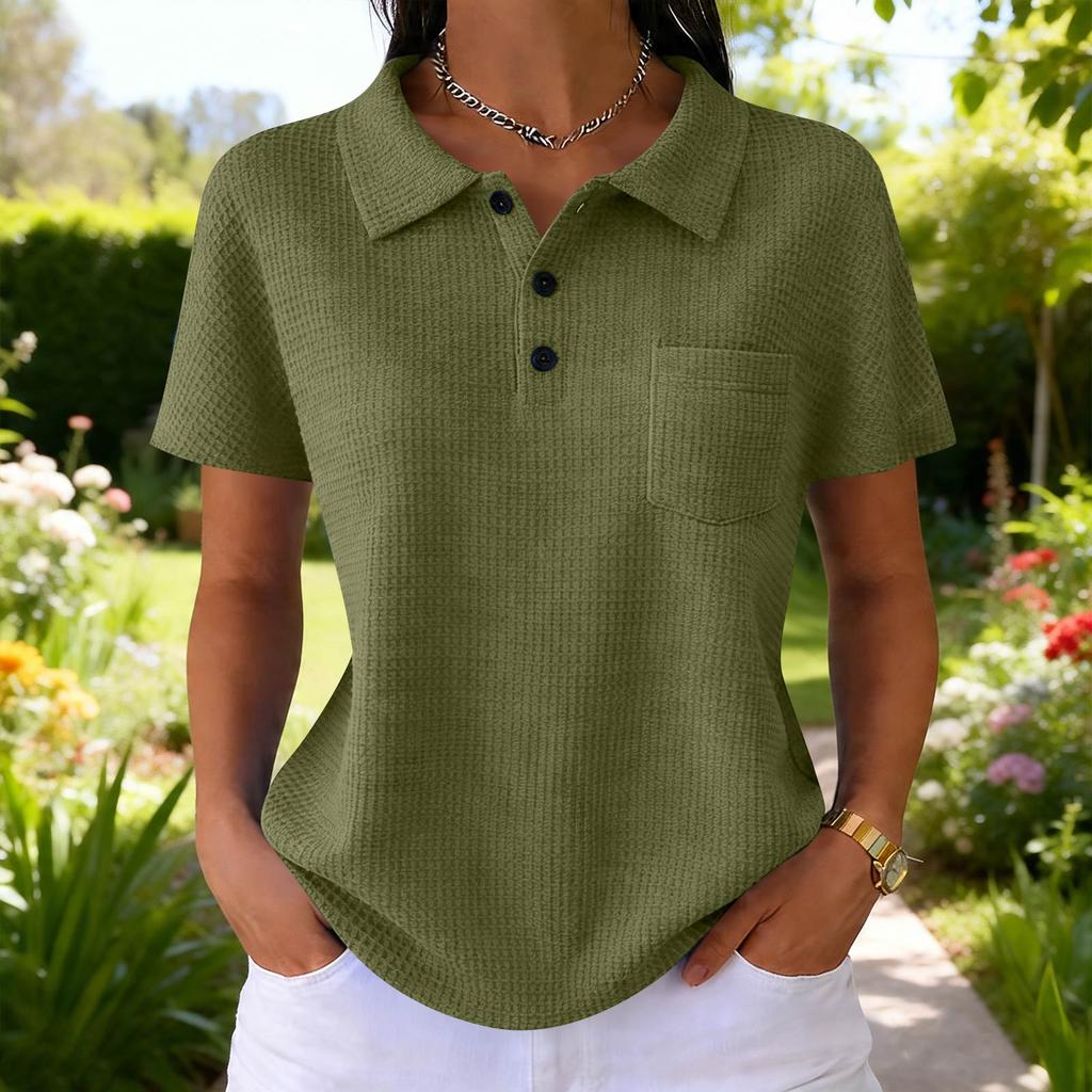 Women's Fashion Color T-Shirt — Vintage V-Neck, Button-Front, -Knit — Casual Short-Sleeve Top for Daily Commuting (Spring/Summer)