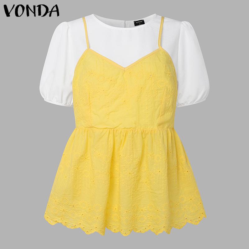 

VONDA Women Short Sleeve Front Crochet Patchwork Fake Two Pieces Blouse S