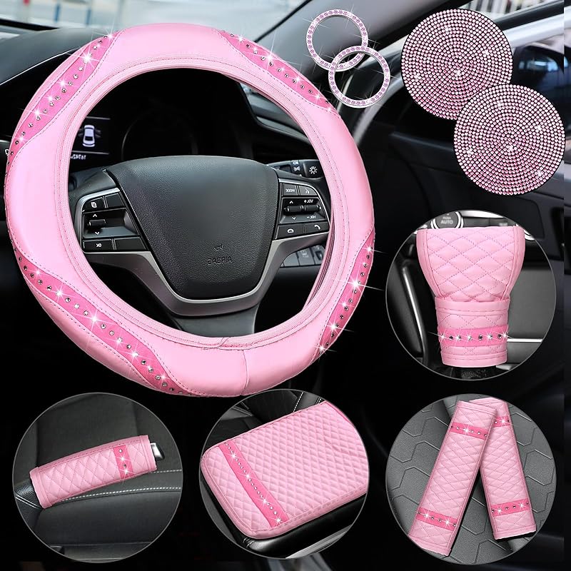 Sinmoe 10 Pcs Bling Car Accessories Set For Women Rhinestones Leather Accessories Steering Wheel Cover Armrest Gear Shift And Seat Belt And Handbrake