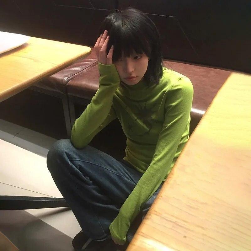 2KWEIRD Japanese Y2k Hooded T-shirt Grunge Aesthetics Green Long Sleeve Tee Shirt Vintage Harajuku Hooded Tops 2000s Streetwear