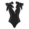 1011 European and American Swimwear New Black and White Color Matching Sweet Girl Bow One-piece Swimsuit Women's Popular Black Skirt