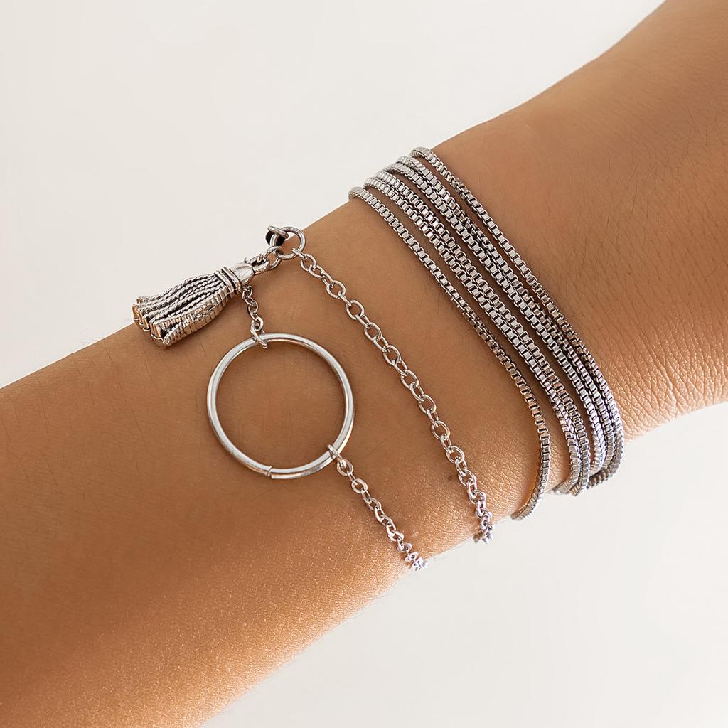 Punk Style Hip Hop Thin Chain Multi-Layer Bracelet, Geometric Ring Versatile Fringed Bracelet Women