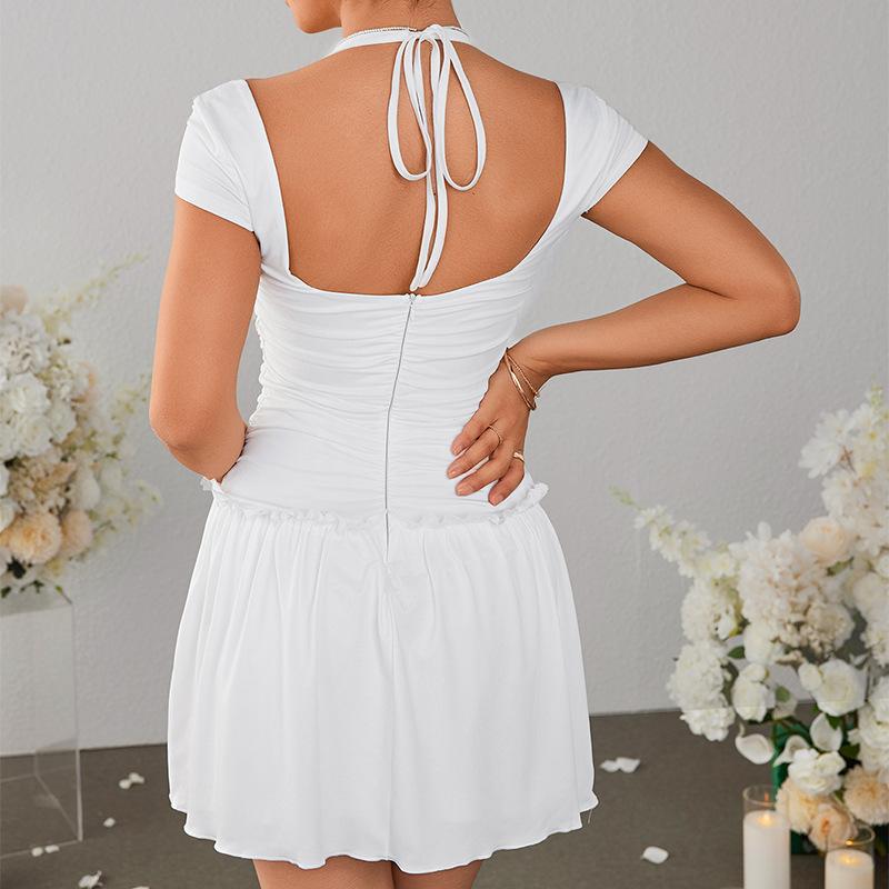 Milk silk white double-layer dress, European and American sexy hollow backless neck pleated dress