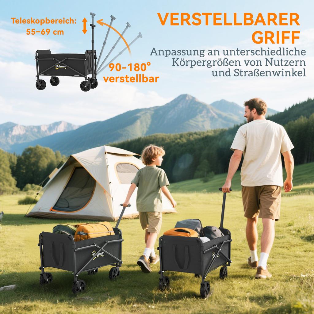 Wagon Foldable Hand Cart 360 degrees Garden Cart with Adjustable Handle Beach Cart up to 60 kg for Sport Shopping Black