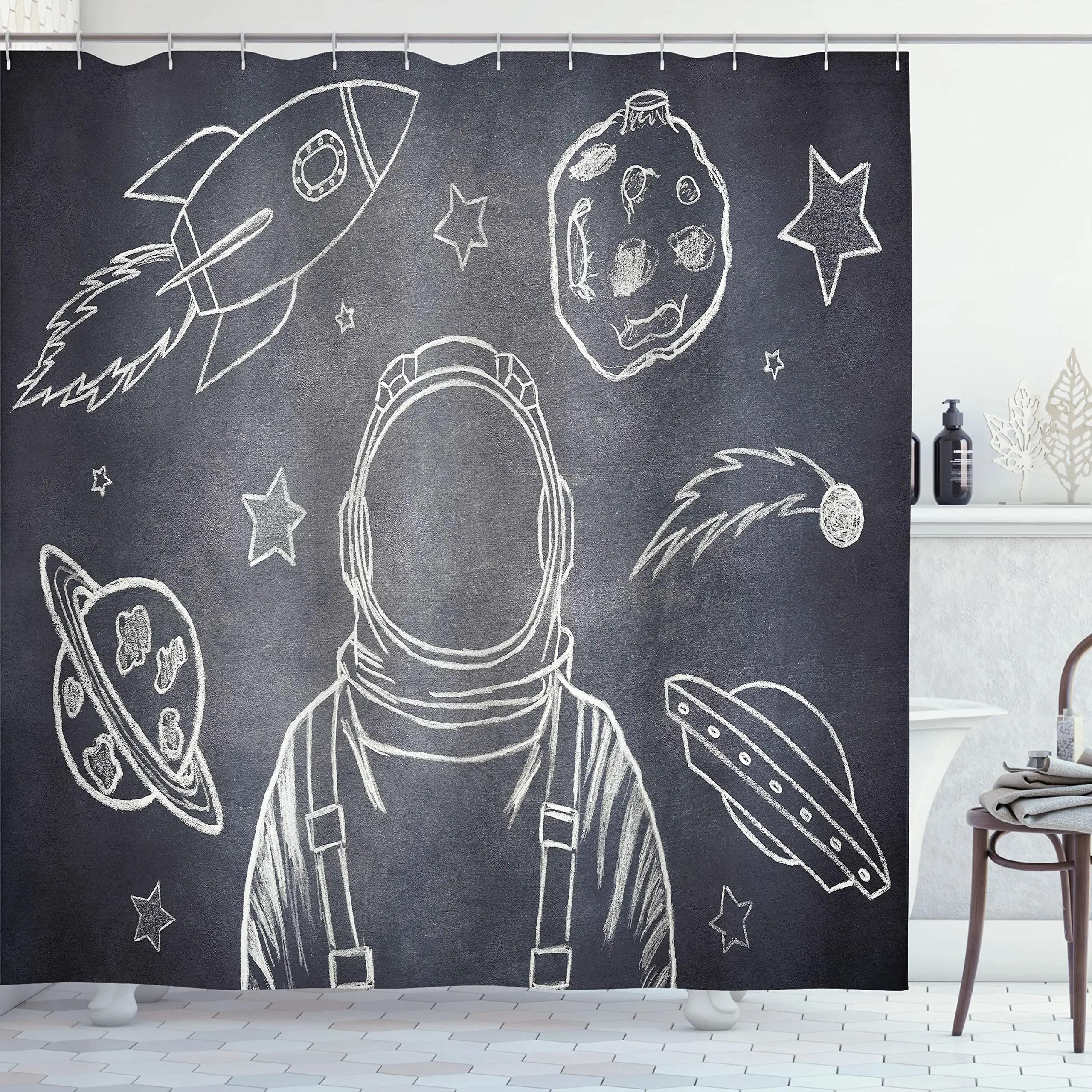

Space Rocket Shower Curtain Outer Space Explore Galaxy Waterproof Polyester Fabric Shower Curtain Bathroom Screen with Hooks W90xH180cm