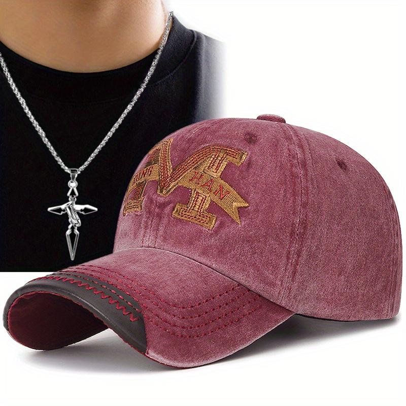 2pcs Men's Women's Baseball Cap Necklace Set Hundred Cross Pendant Necklace Washed Embroidery Fashion Couple Sports Sun Hat