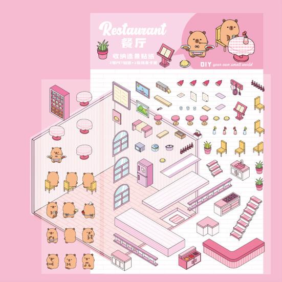 1/8Pcs DIY 3D Haus Aufkleber Telefon/Laptop Cartoon Miniatur Szene Aufkleber Dessert Shop Buchhandlung Aufkleber