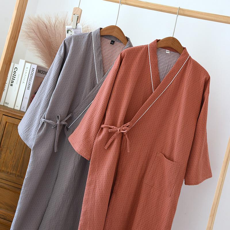 New Japanese Kimono Robe Spring/Summer Couple Nightgown100% Cotton Large Bathrobe Men's and Women's Mid Length Home Pajamas