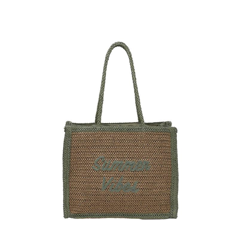 Women's Large Capacity South Wind Chic Straw Woven Tote Bag with Embroidered Letters