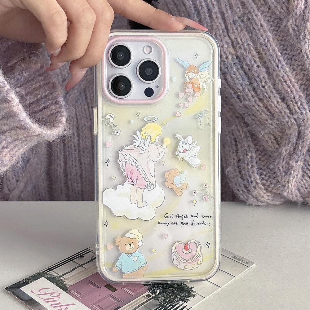 Angel Bear Illustration Suitable for iPhone17 anti-drop mobile phone case Colorful 2-in-1 Apple 16/15 protective case