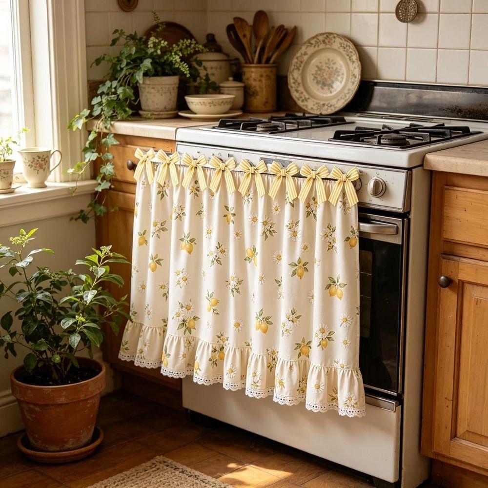 Lace Ruffle Trim Oven Curtain Cotton Blend Farmhouse Stove Skirt Rustic Stove Cover Skirt Home