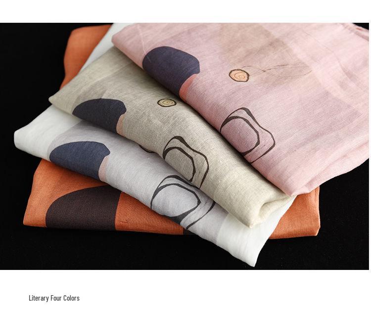 Women's Retro Print Cotton Linen Top - Short Sleeve, Loose Fit Pullover