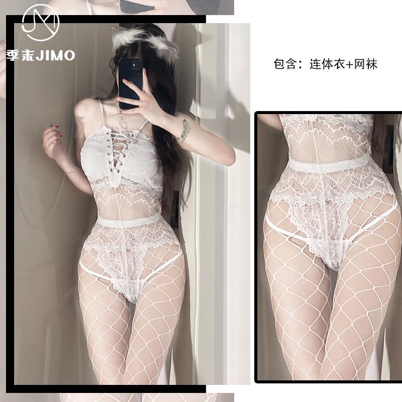 Sex underwear, sexy transparent lace one-piece clothes, free-to-take open crotch uniform temptation suit, hollow