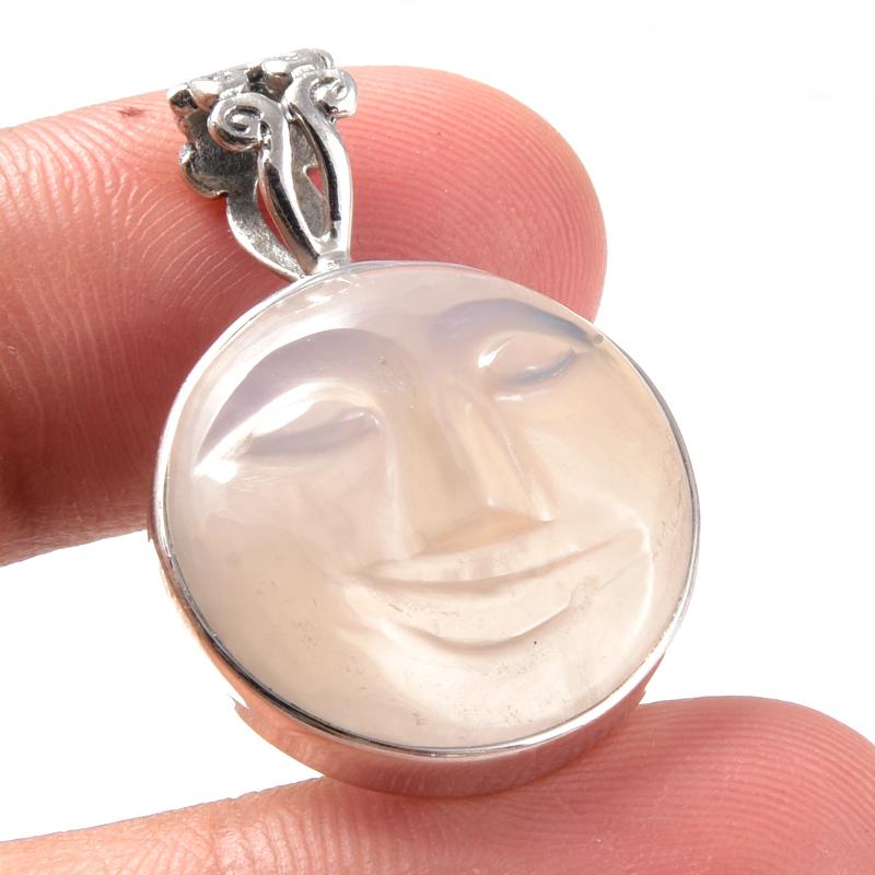 Natural Agate Face Gemstone 925 Solid Sterling Silver Jewelry Pendant 1.3'' p7N47