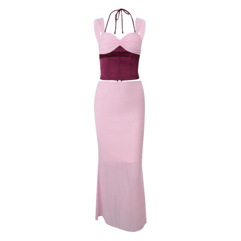 

Western Style Retro Contrast Color Patchwork V-neck Hanging Neck Cami Pure Desire High Waist Sheath Half Body Long dress Set Women Purple S