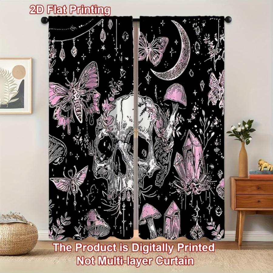 2PCS Digital Printed Curtains, Skull Pink Butterfly Moon Pattern, Dark Style Rod Pocket Drapes for Bedroom Living Room Decor