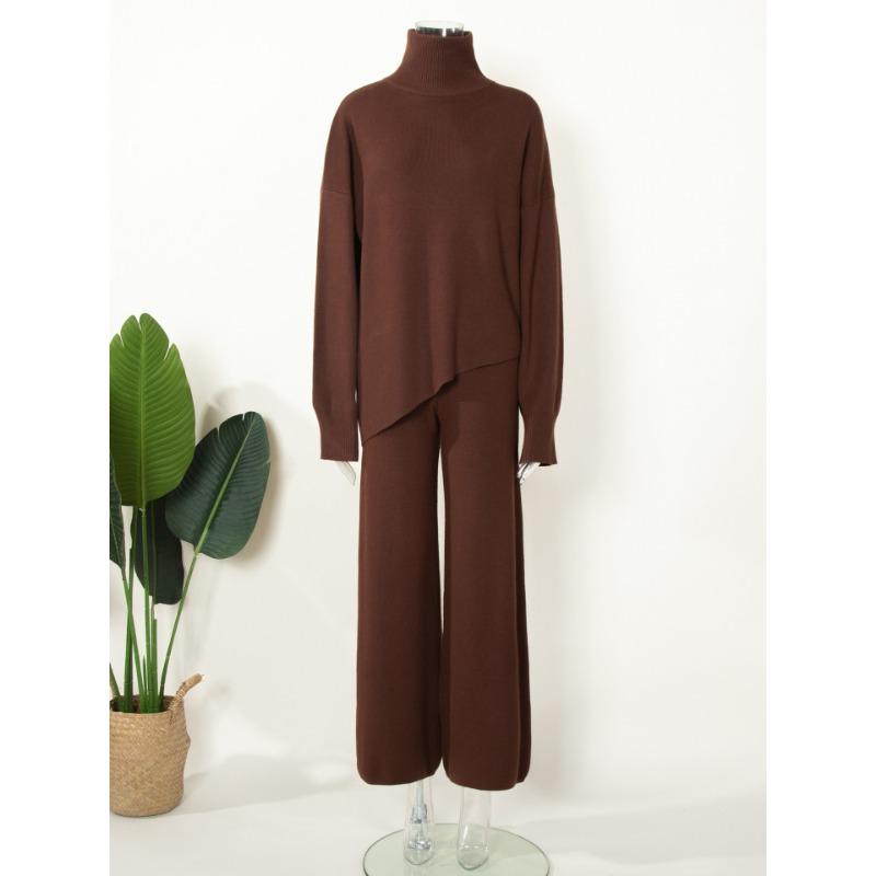 

Жіночий осінньо-зимовий трикотажний напіввисокий джемпер із нерівними скошеними краями, широкі брюки, комплект із двох частин L кавовий