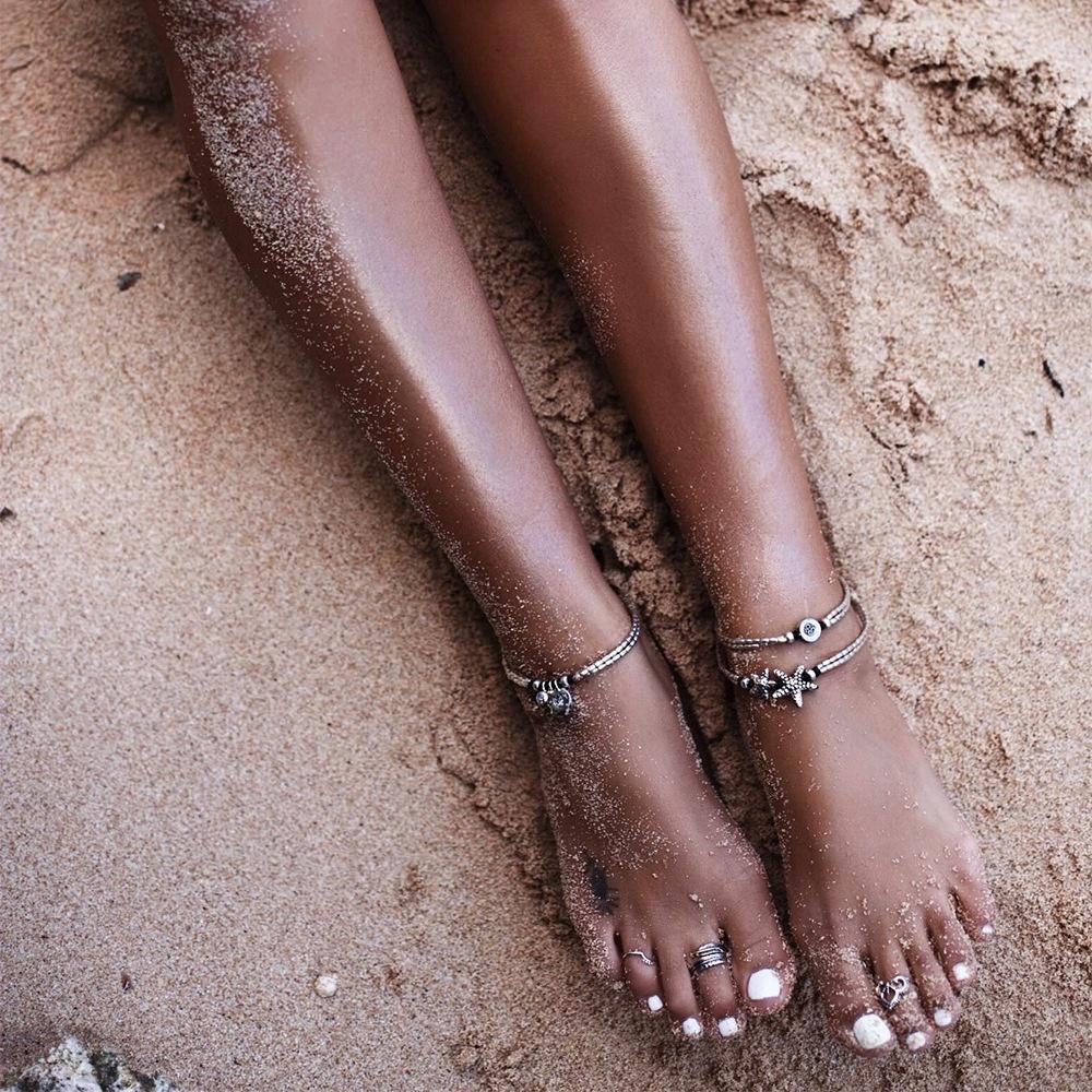 Bohemian Multi Layer Rune Starfish Women's Anklet Foot Bracelet Barefoot Sandals Chain Strap Beach A