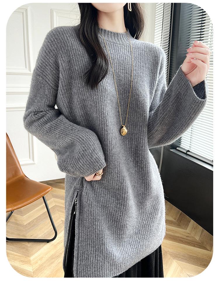 Women's Mid-Length Zipper Pullover Sweater - New Autumn/Winter Casual Knit Round Neck Top